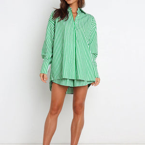 Striped Dropped Shoulder Shirt and Shorts Set Trendsi