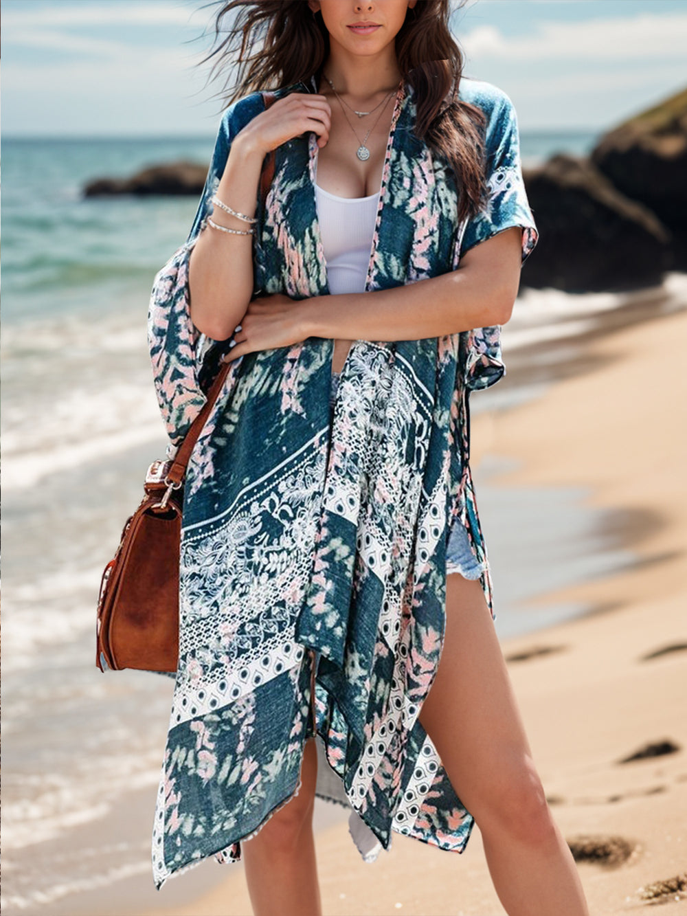 Printed Open Front Cover-Up Trendsi