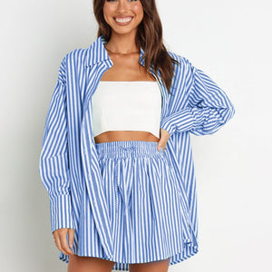 Striped Dropped Shoulder Shirt and Shorts Set Trendsi