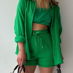 Texture Button Up Shirt and Drawstring Shorts Set Trendsi