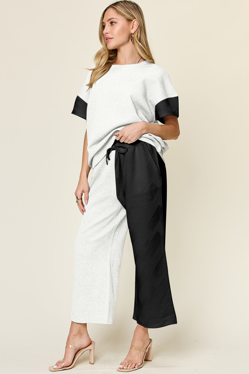 Double Take Full Size Texture Contrast T-Shirt and Wide Leg Pants Set Trendsi