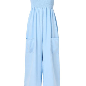 Smocked Spaghetti Strap Wide Leg Jumpsuit Trendsi