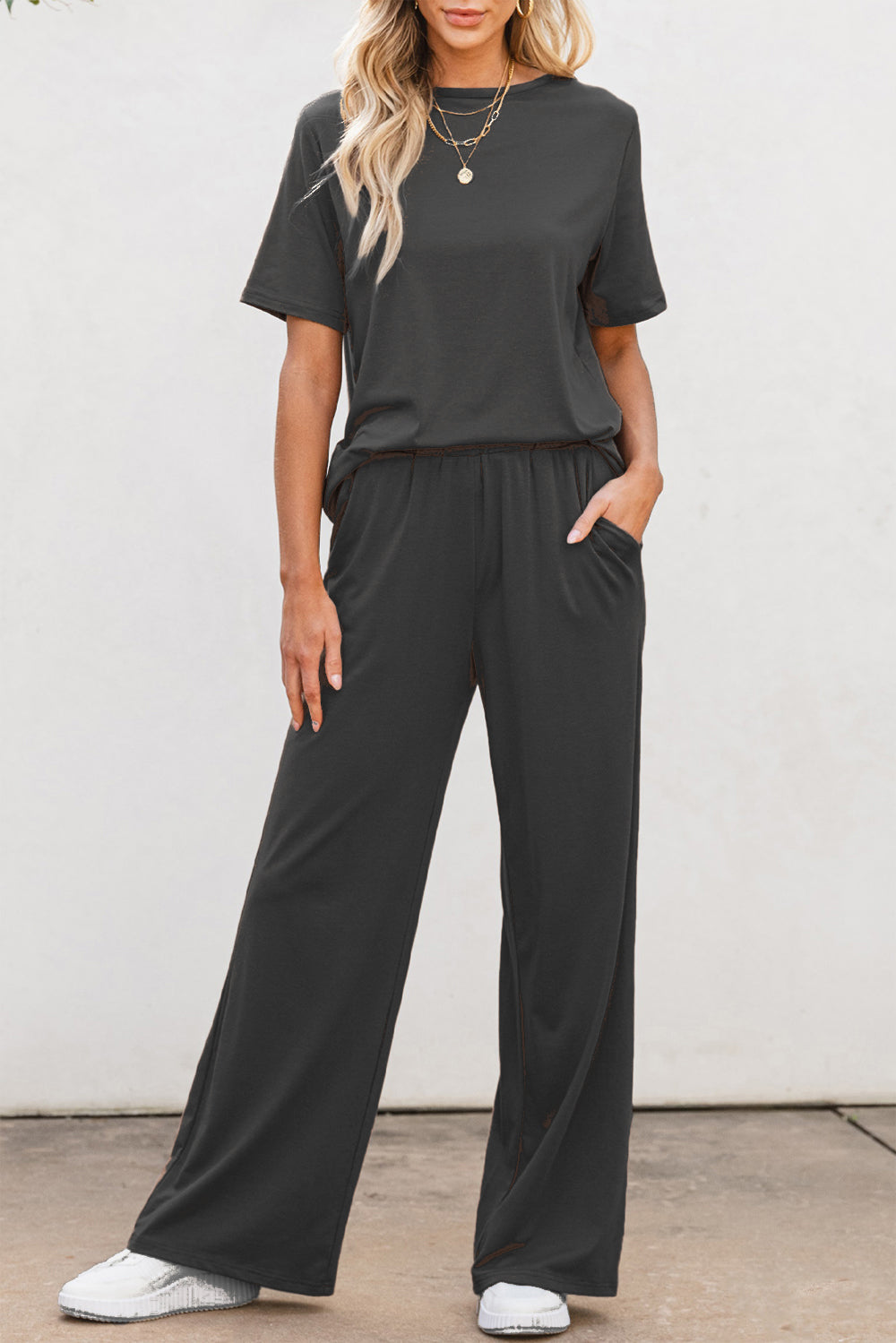 Round Neck Short Sleeve Top and Pants Set Trendsi