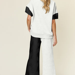 Double Take Full Size Texture Contrast T-Shirt and Wide Leg Pants Set Trendsi