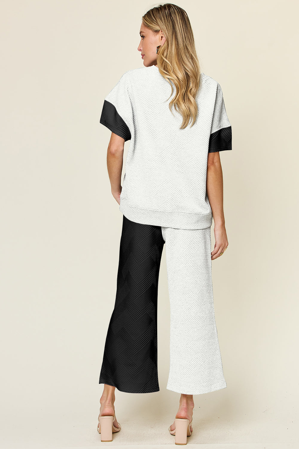 Double Take Full Size Texture Contrast T-Shirt and Wide Leg Pants Set Trendsi