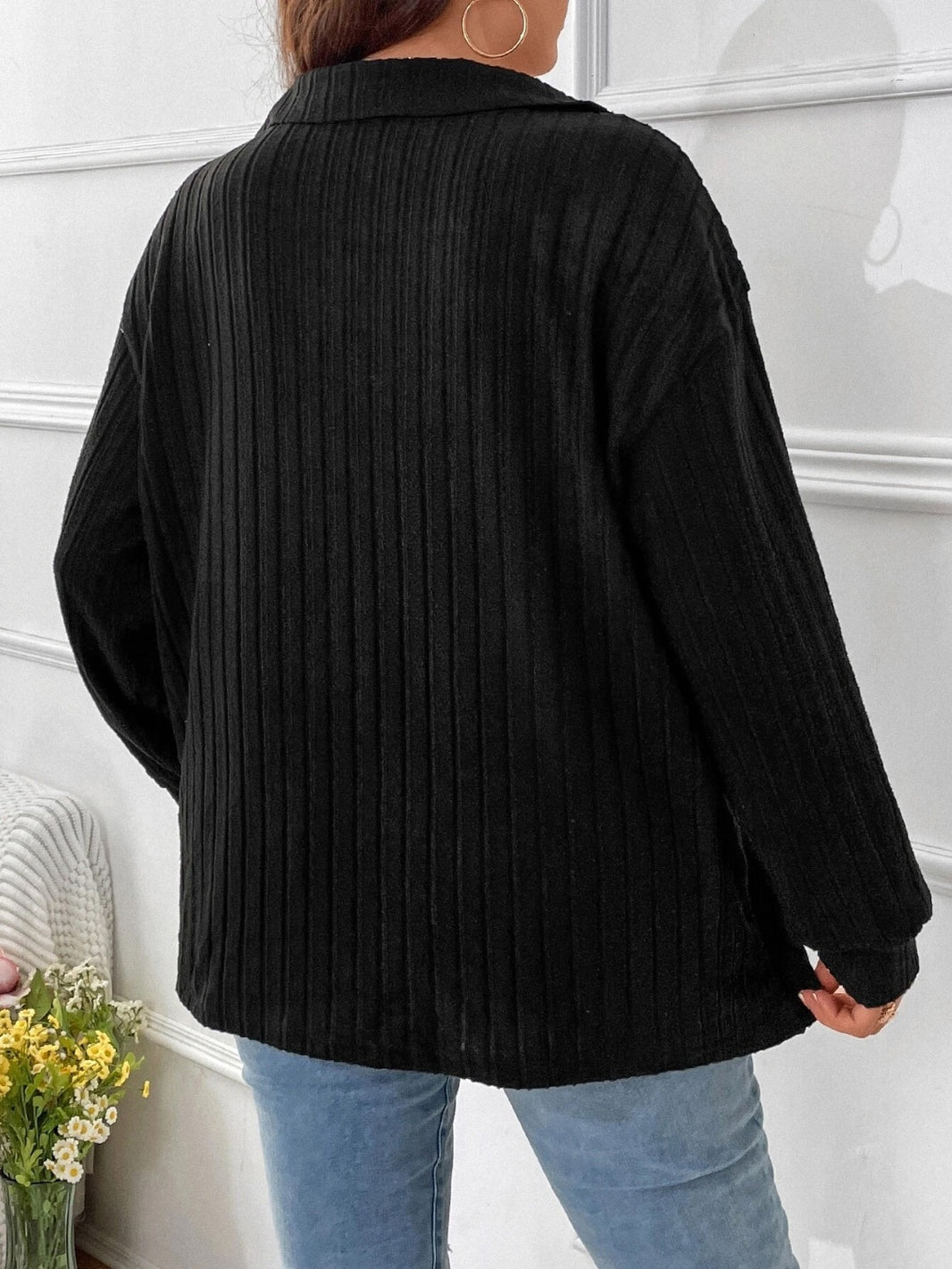 Plus Size Ribbed Johnny Collar Long Sleeve T-Shirt Trendsi