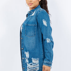 American Bazi Distressed Button Up Long Sleeve Denim Jacket Trendsi