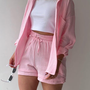 Texture Button Up Shirt and Drawstring Shorts Set Trendsi