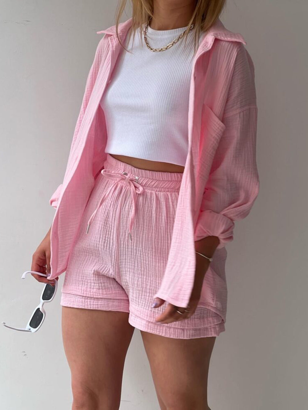 Texture Button Up Shirt and Drawstring Shorts Set Trendsi