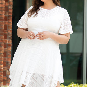 Plus Size Round Neck Short Sleeve Lace Trim Dress Trendsi