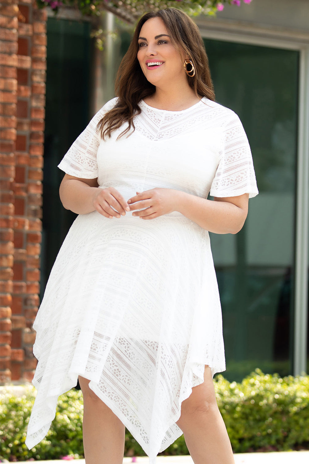 Plus Size Round Neck Short Sleeve Lace Trim Dress Trendsi