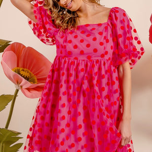 BiBi Polka Dot Mesh Puff Sleeve Dress Trendsi