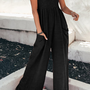 Smocked Spaghetti Strap Wide Leg Jumpsuit Trendsi