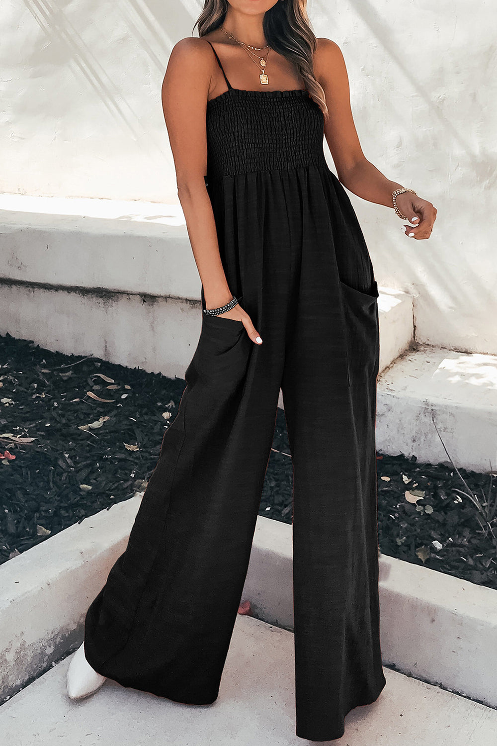 Smocked Spaghetti Strap Wide Leg Jumpsuit Trendsi