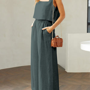 Square Neck Top and Wide Leg Pants Set Trendsi