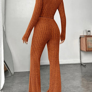 Ribbed Mock Neck Long Sleeve Top and Pants Set Trendsi