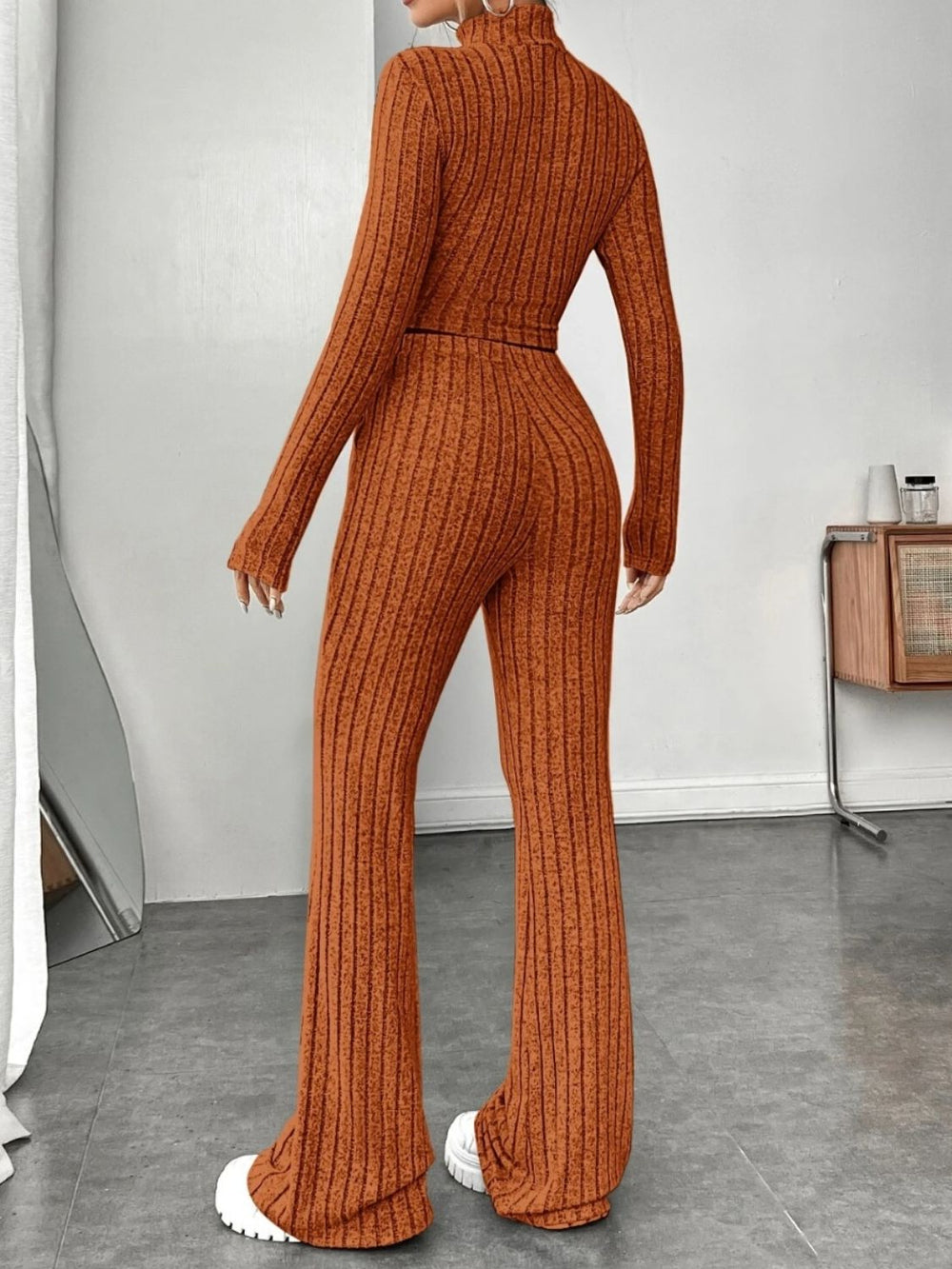 Ribbed Mock Neck Long Sleeve Top and Pants Set Trendsi