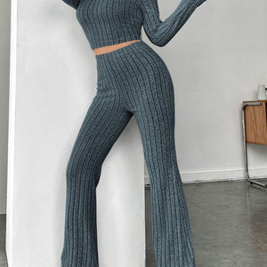 Ribbed Mock Neck Long Sleeve Top and Pants Set Trendsi