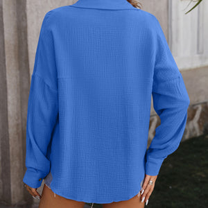 Textured Pocketed Button Up Dropped Shoulder Shirt Trendsi