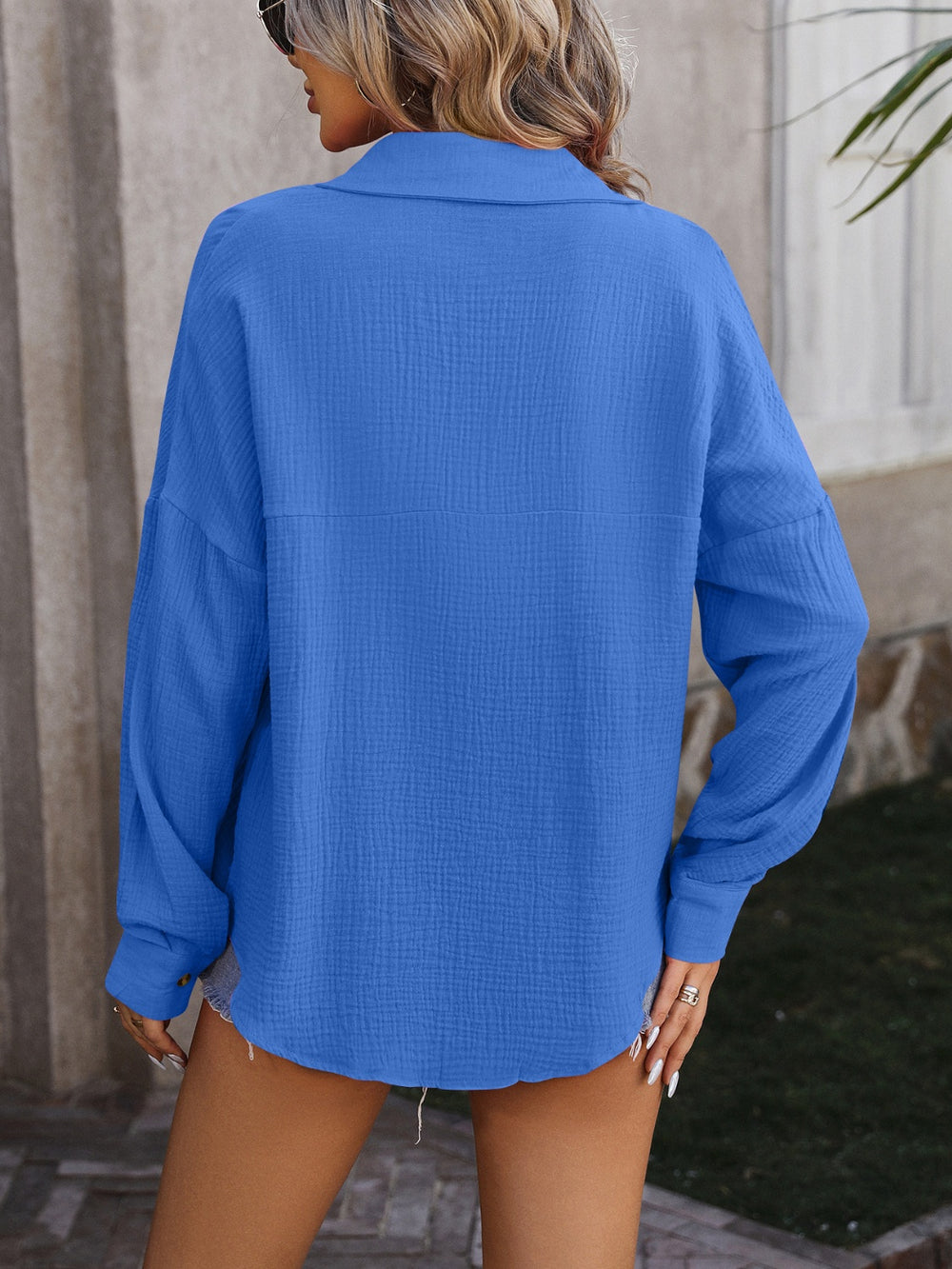 Textured Pocketed Button Up Dropped Shoulder Shirt Trendsi