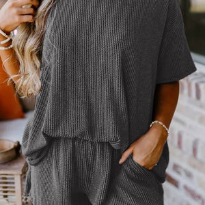 Textured Round Neck Top and Shorts Set Trendsi