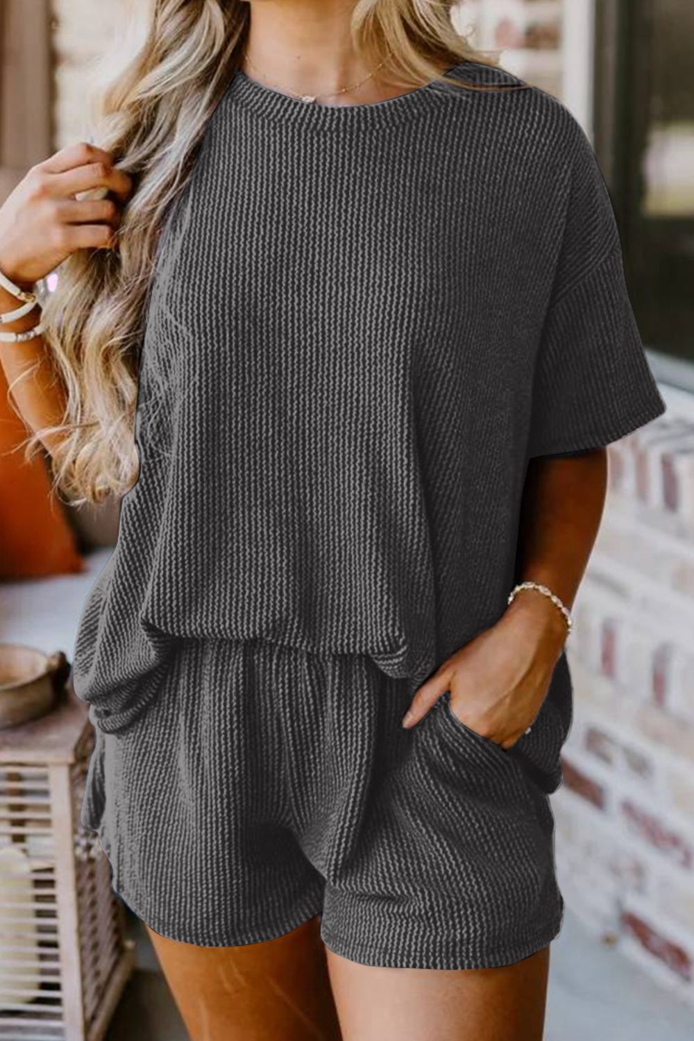 Textured Round Neck Top and Shorts Set Trendsi