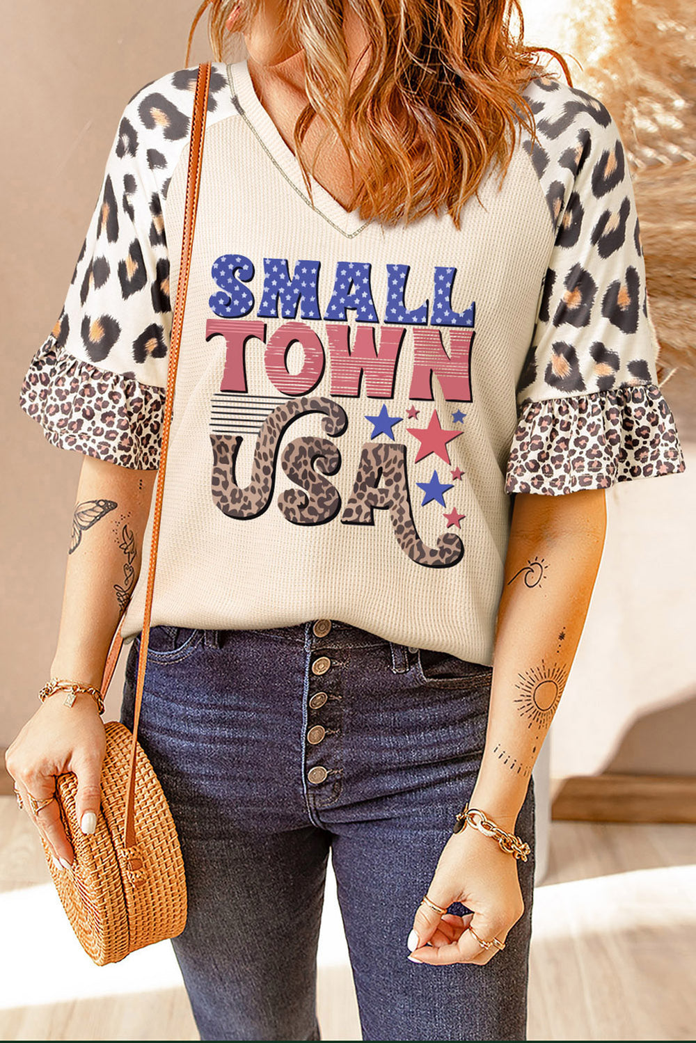 SMALL TOWN USA Graphic Leopard V-Neck Top Trendsi