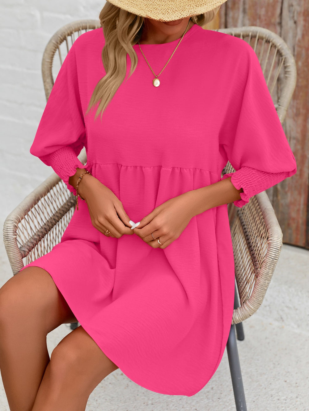 Round Neck Lantern Sleeve Mini Dress Trendsi