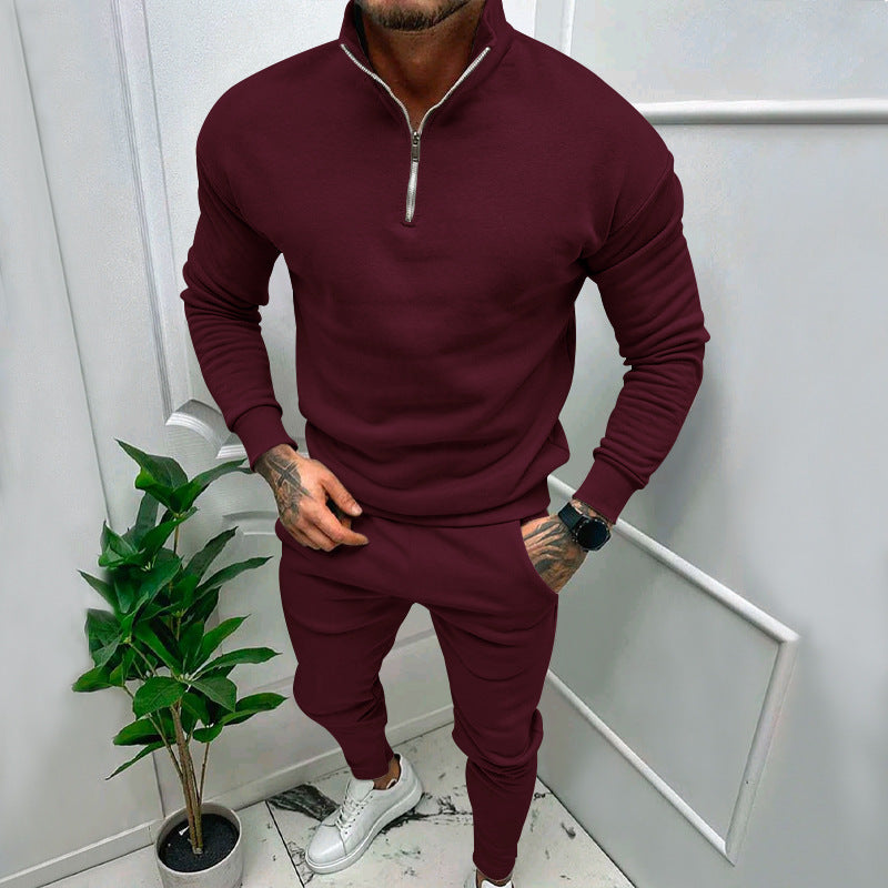 Men's Casual Fleece-lined Solid Color Top And Trousers Suit My Store