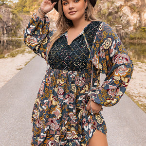 Plus Size Floral Tie Neck Balloon Sleeve Mini Dress Trendsi