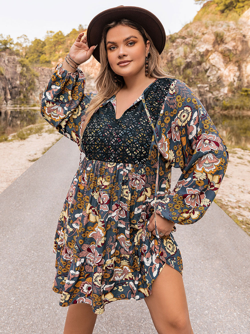 Plus Size Floral Tie Neck Balloon Sleeve Mini Dress Trendsi