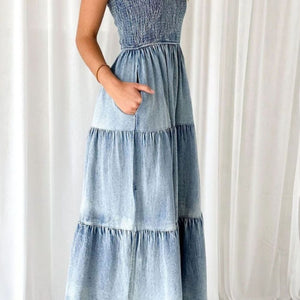 Slit Smocked Tube Tiered Denim Dress Trendsi