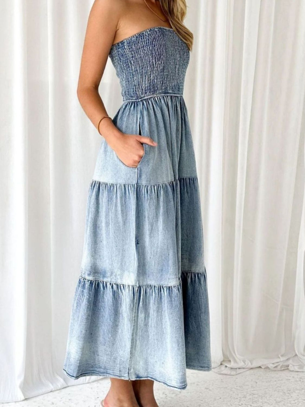 Slit Smocked Tube Tiered Denim Dress Trendsi