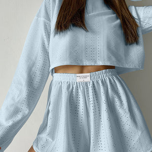 Eyelet Round Neck Top and Shorts Set Trendsi