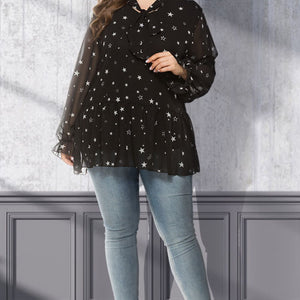 Plus Size Star Print Tie-Neck Peplum Blouse Trendsi