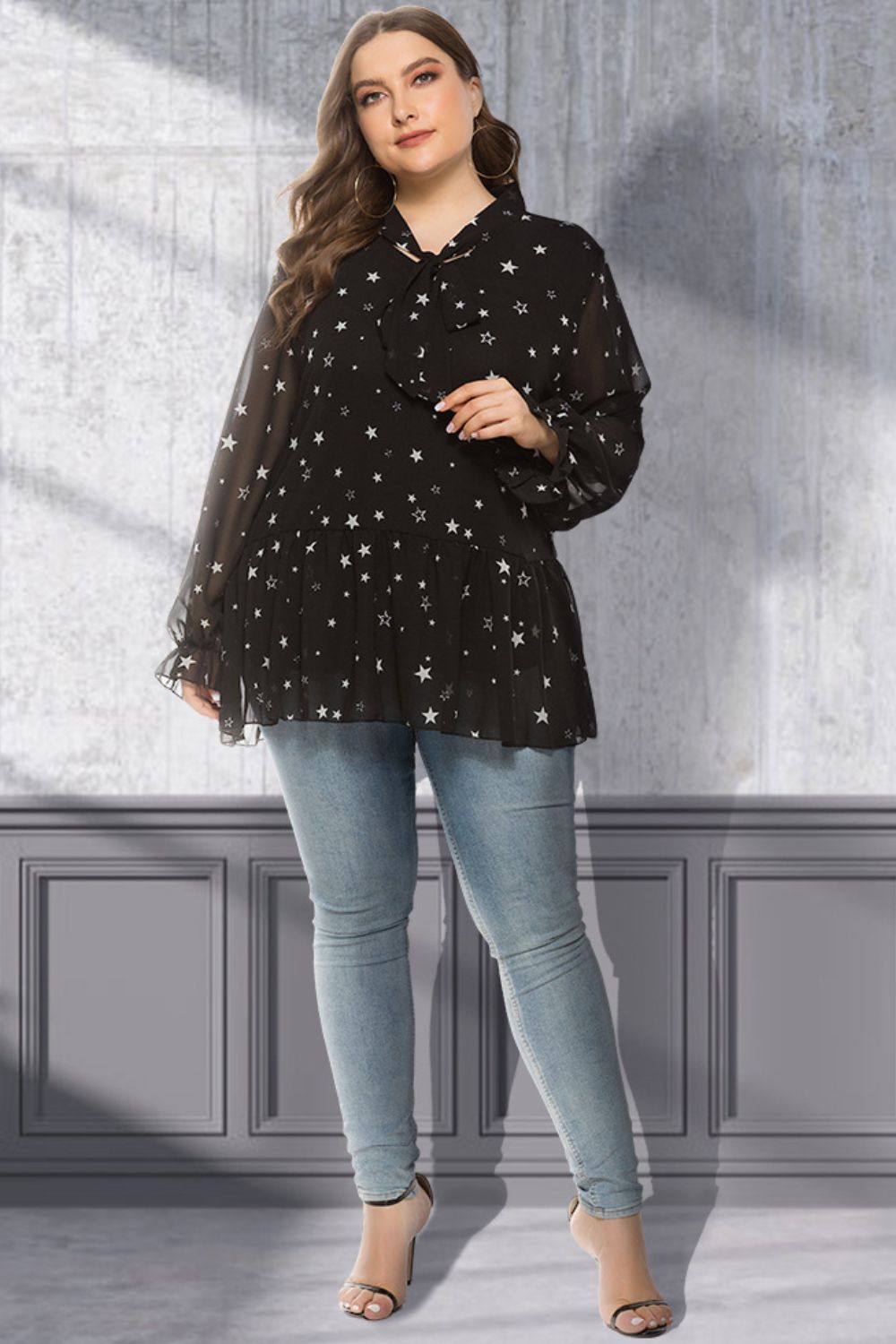 Plus Size Star Print Tie-Neck Peplum Blouse Trendsi