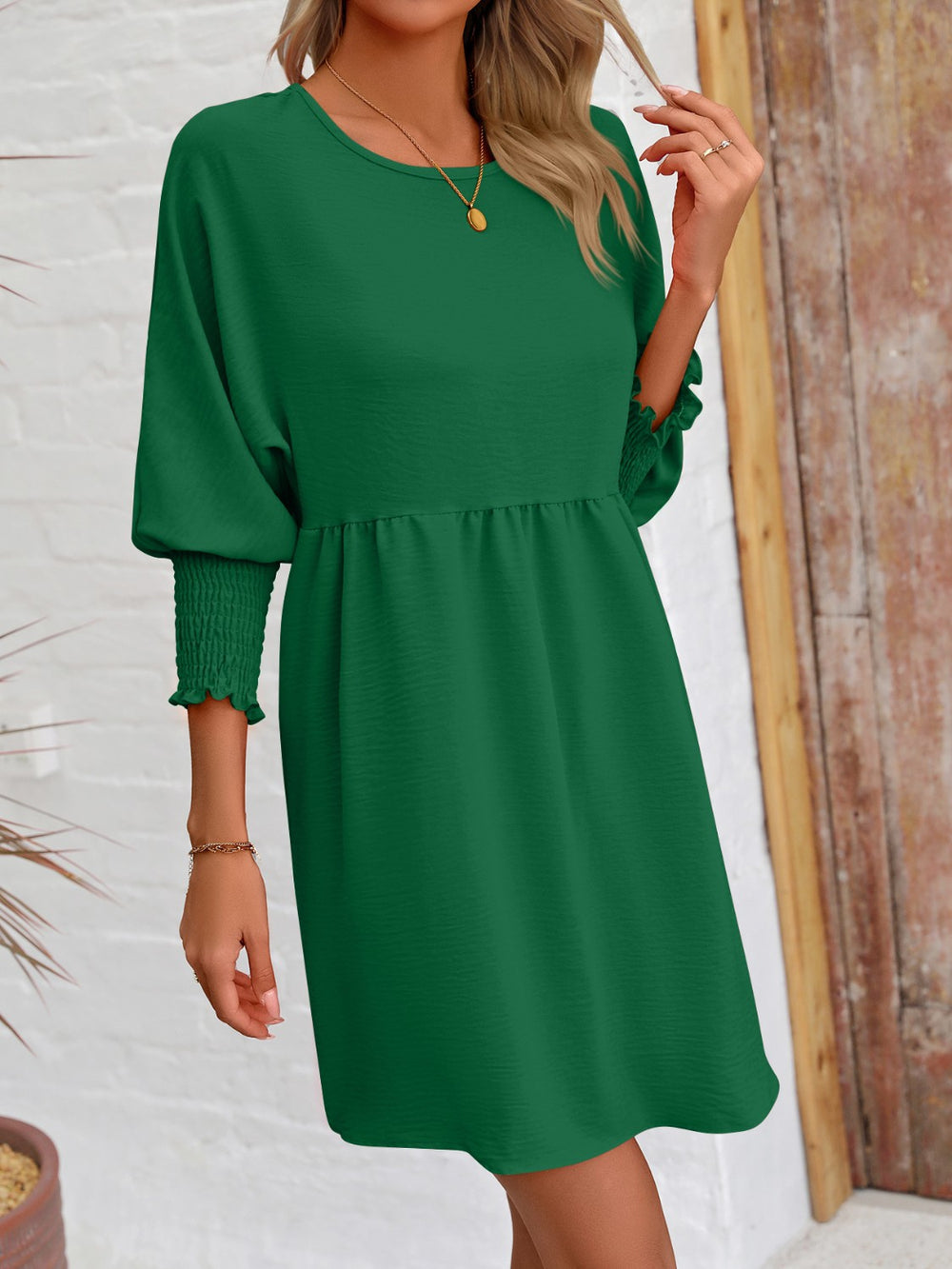 Round Neck Lantern Sleeve Mini Dress Trendsi