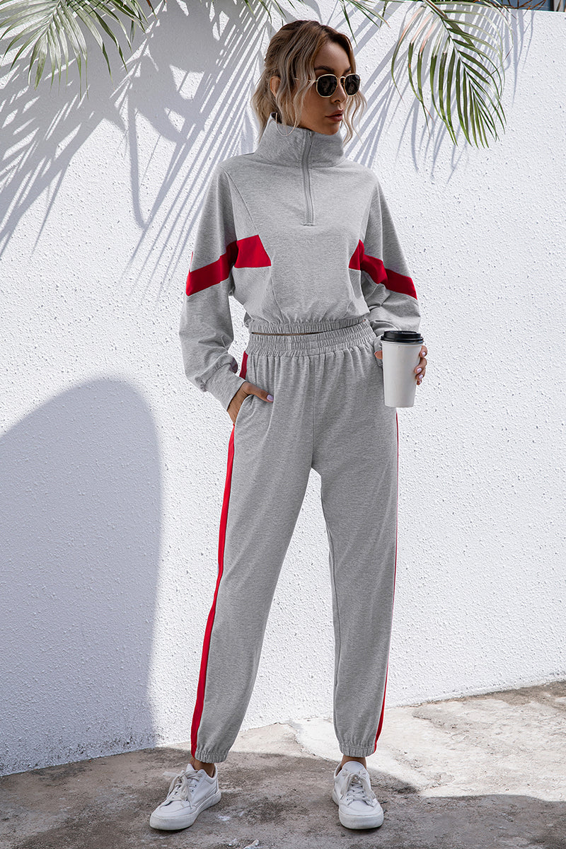 Turtle Neck Long Sleeve Zip-Up Top Long Pants Set Trendsi