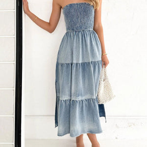 Slit Smocked Tube Tiered Denim Dress Trendsi