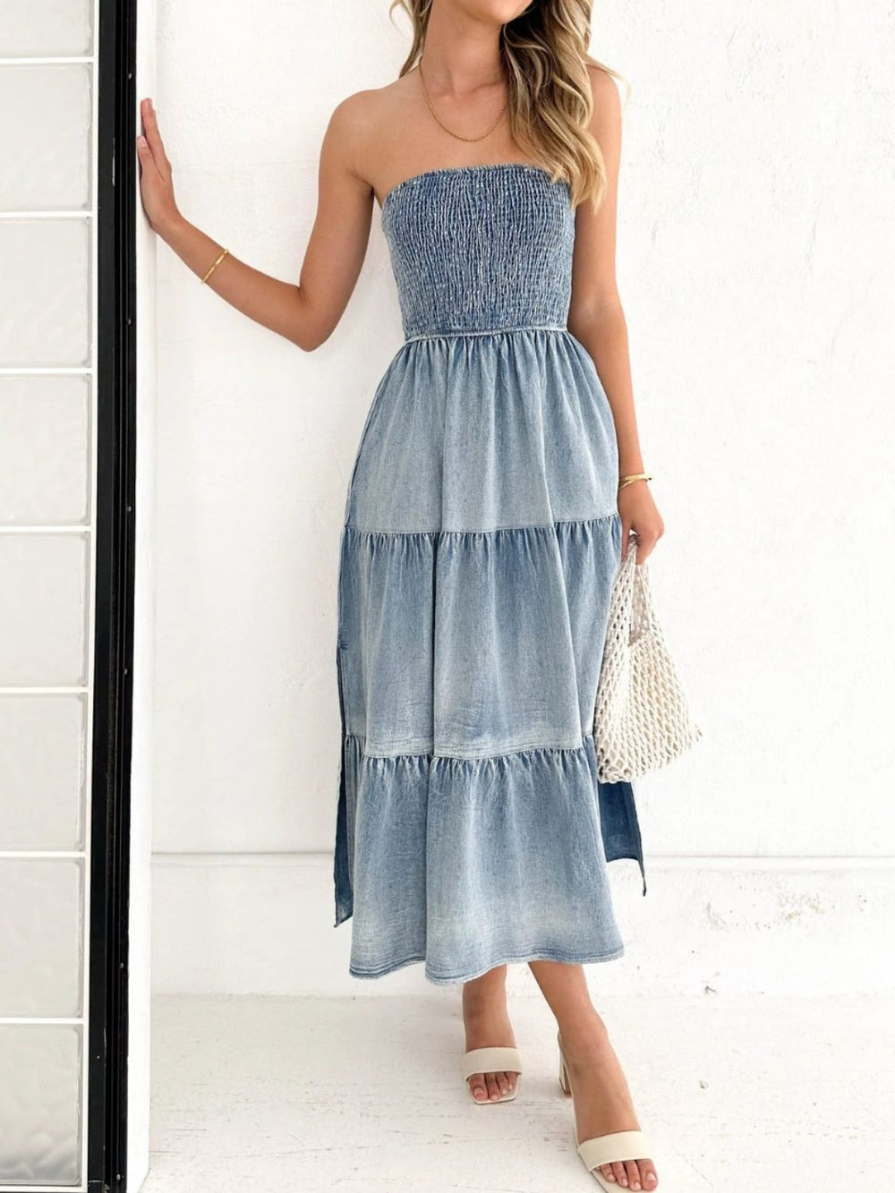 Slit Smocked Tube Tiered Denim Dress Trendsi