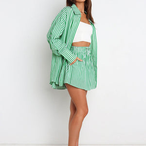 Striped Dropped Shoulder Shirt and Shorts Set Trendsi