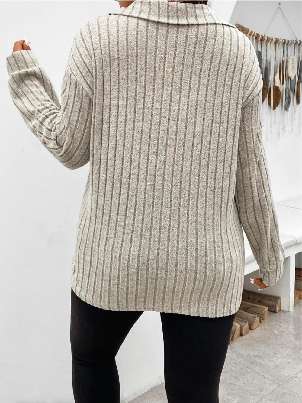 Plus Size Ribbed Johnny Collar Long Sleeve T-Shirt Trendsi