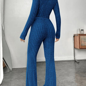 Ribbed Mock Neck Long Sleeve Top and Pants Set Trendsi