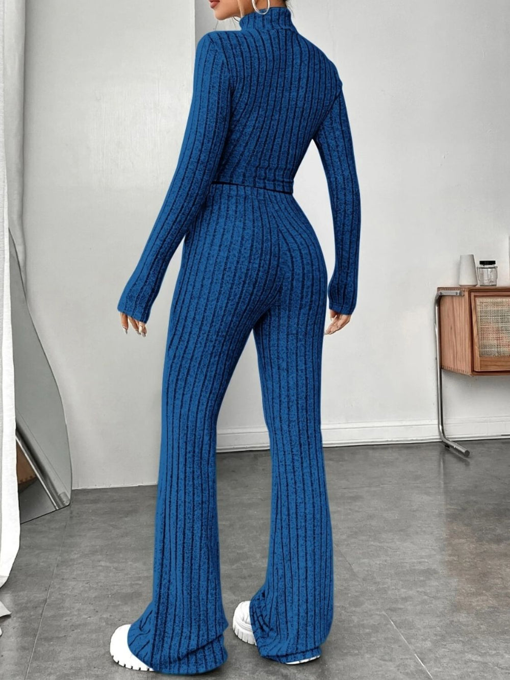 Ribbed Mock Neck Long Sleeve Top and Pants Set Trendsi