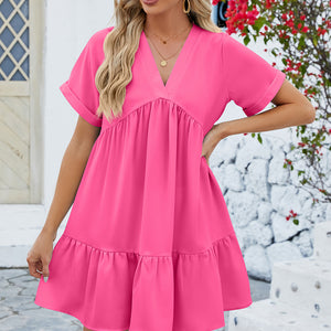 Ruched Tiered V-Neck Short Sleeve Mini Dress Trendsi