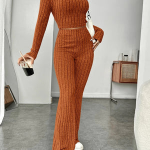 Ribbed Mock Neck Long Sleeve Top and Pants Set Trendsi