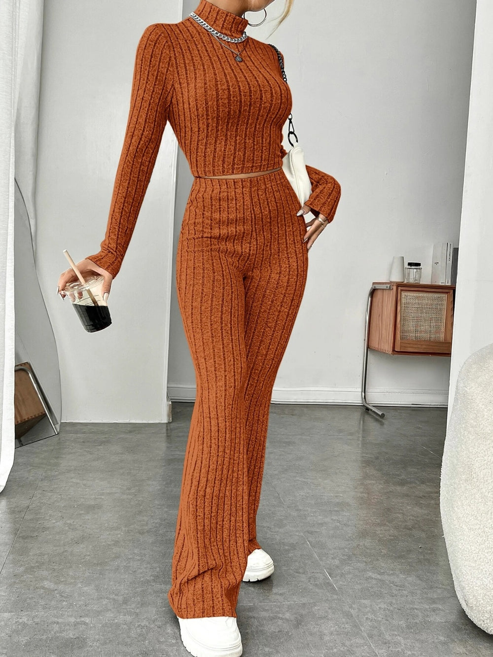 Ribbed Mock Neck Long Sleeve Top and Pants Set Trendsi