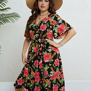 Plus Size Floral Tie Belt Surplice Dress Trendsi