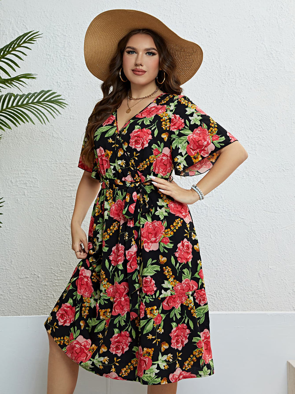 Plus Size Floral Tie Belt Surplice Dress Trendsi