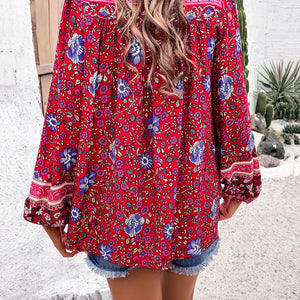 Printed Tie Neck Long Sleeve Blouse Trendsi